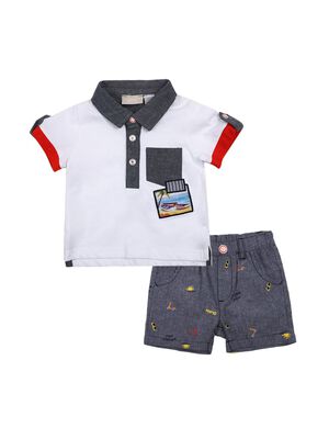 Boys Medium Light Blue Printed Polo with Short Pants